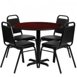 Flash Furniture 36'' Round Mahogany Laminate Table Set With 4 Black Trapezoidal Back Banquet Chairs HDBF1002-GG