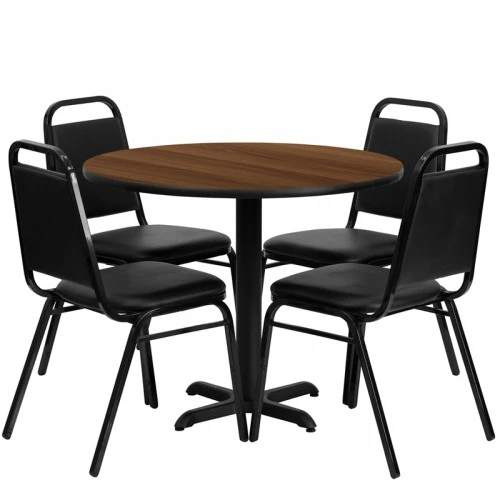 Flash Furniture 36'' Round Walnut Laminate Table Set With 4 Black Trapezoidal Back Banquet Chairs HDBF1004-GG 1 Flash Furniture 36'' Round Walnut Laminate Table Set With 4 Black Trapezoidal Back Banquet Chairs HDBF1004-GG