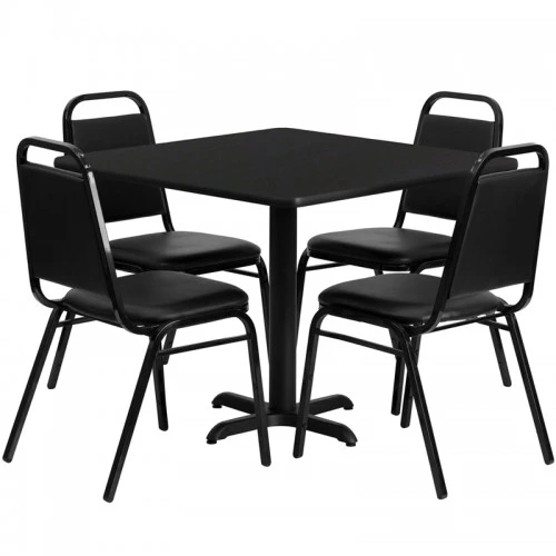 Flash Furniture 36'' Square Black Laminate Table Set With 4 Black Trapezoidal Back Banquet Chairs HDBF1009-GG 1 Flash Furniture 36'' Square Black Laminate Table Set With 4 Black Trapezoidal Back Banquet Chairs HDBF1009-GG