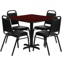 Flash Furniture 36'' Square Mahogany Laminate Table Set With 4 Black Trapezoidal Back Banquet Chairs HDBF1010-GG