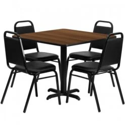 Flash Furniture 36'' Square Walnut Laminate Table Set With 4 Black Trapezoidal Back Banquet Chairs HDBF1012-GG