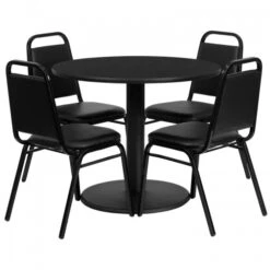 Flash Furniture 36'' Round Black Laminate Table Set With 4 Black Trapezoidal Back Banquet Chairs RSRB1001-GG