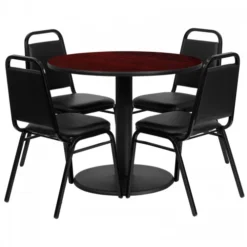 Flash Furniture 36'' Round Mahogany Laminate Table Set With 4 Black Trapezoidal Back Banquet Chairs RSRB1002-GG