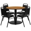 Flash Furniture 36'' Round Natural Laminate Table Set With 4 Black Trapezoidal Back Banquet Chairs RSRB1003-GG
