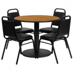 Flash Furniture 36'' Round Natural Laminate Table Set With 4 Black Trapezoidal Back Banquet Chairs RSRB1003-GG