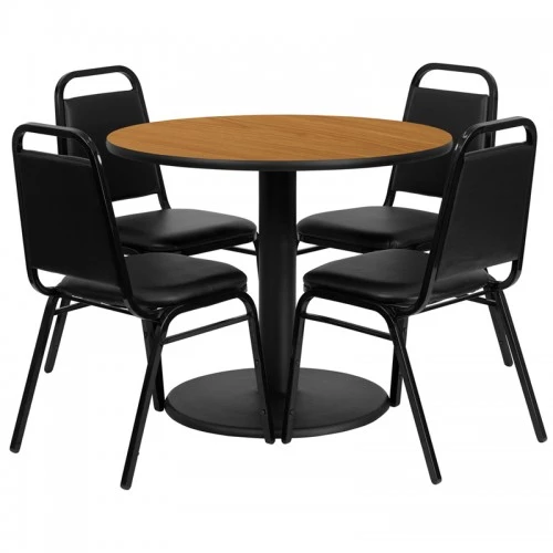 Flash Furniture 36'' Round Natural Laminate Table Set With 4 Black Trapezoidal Back Banquet Chairs RSRB1003-GG 1 Flash Furniture 36'' Round Natural Laminate Table Set With 4 Black Trapezoidal Back Banquet Chairs RSRB1003-GG