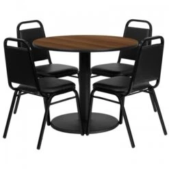 Flash Furniture 36'' Round Walnut Laminate Table Set With 4 Black Trapezoidal Back Banquet Chairs RSRB1004-GG