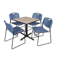 Regency TB3030BE44BE Cain 30" Square Breakroom Table In Beige & 4 Zeng Stack Chairs In Blue
