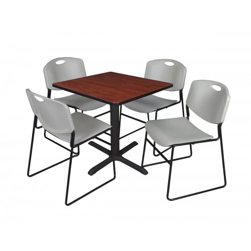 Regency TB3030CH44GY Cain 30" Square Breakroom Table In Cherry & 4 Zeng Stack Chairs In Grey 1 Regency TB3030CH44GY Cain 30" Square Breakroom Table In Cherry & 4 Zeng Stack Chairs In Grey