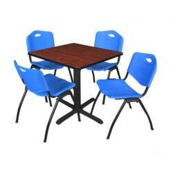 Regency TB3030CH47BE Cain 30" Square Breakroom Table In Cherry & 4 'M' Stack Chairs In Blue