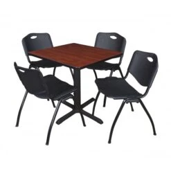 Regency TB3030CH47BK Cain 30" Square Breakroom Table In Cherry & 4 'M' Stack Chairs In Black