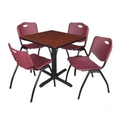 Regency TB3030CH47BY Cain 30" Square Breakroom Table In Cherry & 4 'M' Stack Chairs In Burgundy