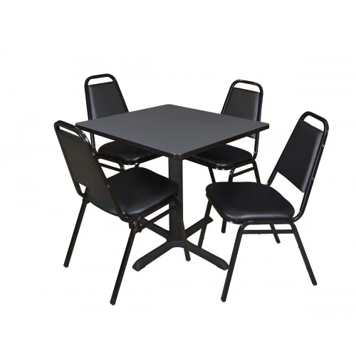 Regency TB3030GY29BK Cain 30" Square Breakroom Table In Grey & 4 Restaurant Stack Chairs In Black 1 Regency TB3030GY29BK Cain 30" Square Breakroom Table In Grey & 4 Restaurant Stack Chairs In Black