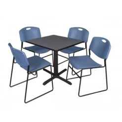 Regency TB3030GY44BE Cain 30" Square Breakroom Table In Grey & 4 Zeng Stack Chairs In Blue