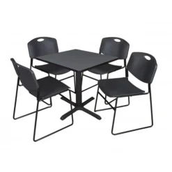 Regency TB3030GY44BK Cain 30" Square Breakroom Table In Grey & 4 Zeng Stack Chairs In Black