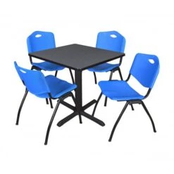 Regency TB3030GY47BE Cain 30" Square Breakroom Table In Grey & 4 'M' Stack Chairs In Blue