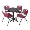 Regency TB3030GY47BY Cain 30" Square Breakroom Table In Grey & 4 'M' Stack Chairs In Burgundy