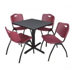 Regency TB3030GY47BY Cain 30" Square Breakroom Table In Grey & 4 'M' Stack Chairs In Burgundy