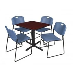 Regency TB3030MH44BE Cain 30" Square Breakroom Table In Mahogany & 4 Zeng Stack Chairs In Blue