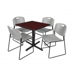 Regency TB3030MH44GY Cain 30" Square Breakroom Table In Mahogany & 4 Zeng Stack Chairs In Grey