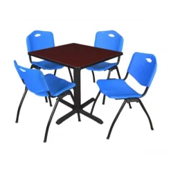 Regency TB3030MH47BE Cain 30" Square Breakroom Table In Mahogany & 4 'M' Stack Chairs In Blue