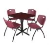 Regency TB3030MH47BY Cain 30" Square Breakroom Table In Mahogany & 4 'M' Stack Chairs In Burgundy