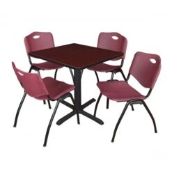 Regency TB3030MH47BY Cain 30" Square Breakroom Table In Mahogany & 4 'M' Stack Chairs In Burgundy
