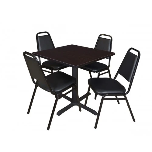 Regency TB3030MW29BK Cain 30" Square Breakroom Table In Mocha Walnut & 4 Restaurant Stack Chairs In Black 1 Regency TB3030MW29BK Cain 30" Square Breakroom Table In Mocha Walnut & 4 Restaurant Stack Chairs In Black