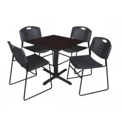 Regency TB3030MW44BK Cain 30" Square Breakroom Table In Mocha Walnut & 4 Zeng Stack Chairs In Black