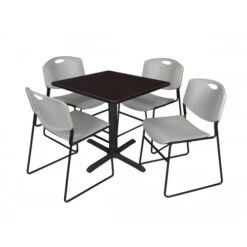 Regency TB3030MW44GY Cain 30" Square Breakroom Table In Mocha Walnut & 4 Zeng Stack Chairs In Grey