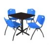 Regency TB3030MW47BE Cain 30" Square Breakroom Table In Mocha Walnut & 4 'M' Stack Chairs In Blue