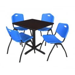 Regency TB3030MW47BE Cain 30" Square Breakroom Table In Mocha Walnut & 4 'M' Stack Chairs In Blue