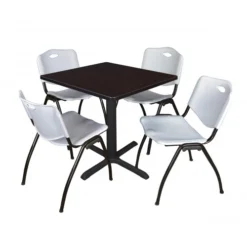 Regency TB3030MW47GY Cain 30" Square Breakroom Table In Mocha Walnut & 4 'M' Stack Chairs In Grey
