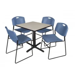 Regency TB3030PL44BE Cain 30" Square Breakroom Table In Maple & 4 Zeng Stack Chairs In Blue