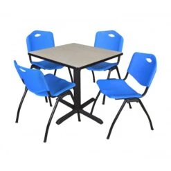 Regency TB3030PL47BE Cain 30" Square Breakroom Table In Maple & 4 'M' Stack Chairs In Blue