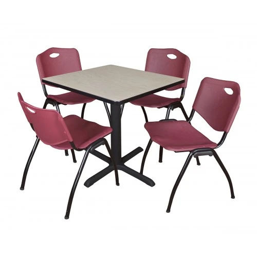 Regency TB3030PL47BY Cain 30" Square Breakroom Table In Maple & 4 'M' Stack Chairs In Burgundy 1 Regency TB3030PL47BY Cain 30" Square Breakroom Table In Maple & 4 'M' Stack Chairs In Burgundy