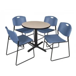 Regency TB30RNDBE44BE Cain 30" Round Breakroom Table In Beige & 4 Zeng Stack Chairs In Blue