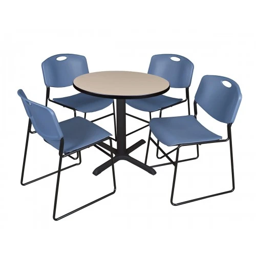 Regency TB30RNDBE44BE Cain 30" Round Breakroom Table In Beige & 4 Zeng Stack Chairs In Blue 1 Regency TB30RNDBE44BE Cain 30" Round Breakroom Table In Beige & 4 Zeng Stack Chairs In Blue