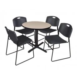 Regency TB30RNDBE44BK Cain 30" Round Breakroom Table In Beige & 4 Zeng Stack Chairs In Black