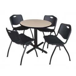Regency TB30RNDBE47BK Cain 30" Round Breakroom Table In Beige & 4 'M' Stack Chairs In Black