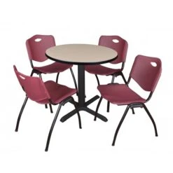 Regency TB30RNDBE47BY Cain 30" Round Breakroom Table In Beige & 4 'M' Stack Chairs In Burgundy