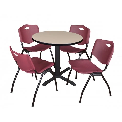 Regency TB30RNDBE47BY Cain 30" Round Breakroom Table In Beige & 4 'M' Stack Chairs In Burgundy 1 Regency TB30RNDBE47BY Cain 30" Round Breakroom Table In Beige & 4 'M' Stack Chairs In Burgundy