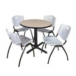 Regency TB30RNDBE47GY Cain 30" Round Breakroom Table In Beige & 4 'M' Stack Chairs In Grey