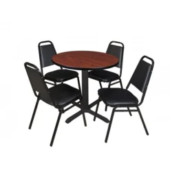 Regency TB30RNDCH29BK Cain 30" Round Breakroom Table In Cherry & 4 Restaurant Stack Chairs In Black