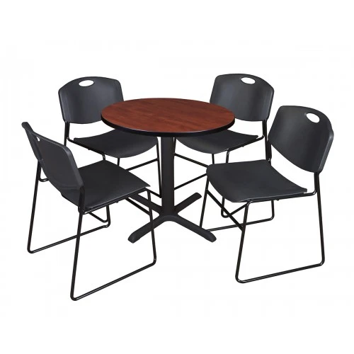 Regency TB30RNDCH44BK Cain 30" Round Breakroom Table In Cherry & 4 Zeng Stack Chairs In Black 1 Regency TB30RNDCH44BK Cain 30" Round Breakroom Table In Cherry & 4 Zeng Stack Chairs In Black