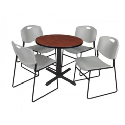 Regency TB30RNDCH44GY Cain 30" Round Breakroom Table In Cherry & 4 Zeng Stack Chairs In Grey