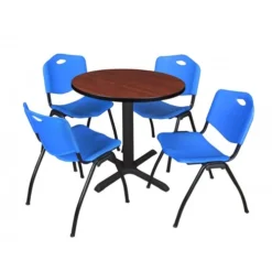 Regency TB30RNDCH47BE Cain 30" Round Breakroom Table In Cherry & 4 'M' Stack Chairs In Blue
