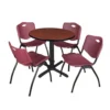 Regency TB30RNDCH47BY Cain 30" Round Breakroom Table In Cherry & 4 'M' Stack Chairs In Burgundy