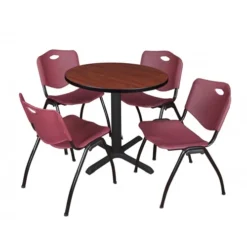 Regency TB30RNDCH47BY Cain 30" Round Breakroom Table In Cherry & 4 'M' Stack Chairs In Burgundy