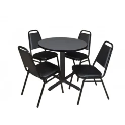 Regency TB30RNDGY29BK Cain 30" Round Breakroom Table In Grey & 4 Restaurant Stack Chairs In Black